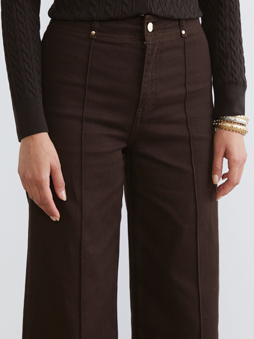 Kahverengi Wideleg Kadın Jean Pantolon-2