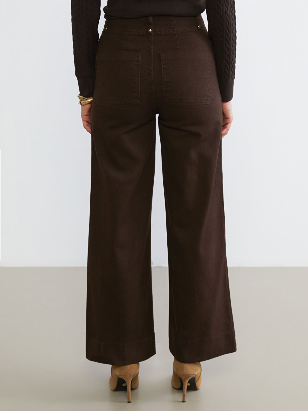 Kahverengi Wideleg Kadın Jean Pantolon-3
