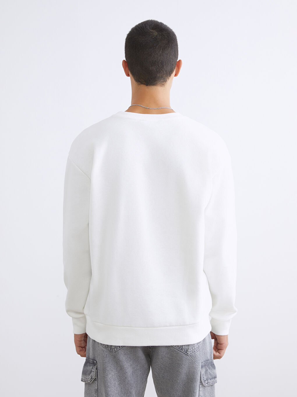 Ekru Bisiklet Yaka Baskılı Erkek Sweatshirt-3