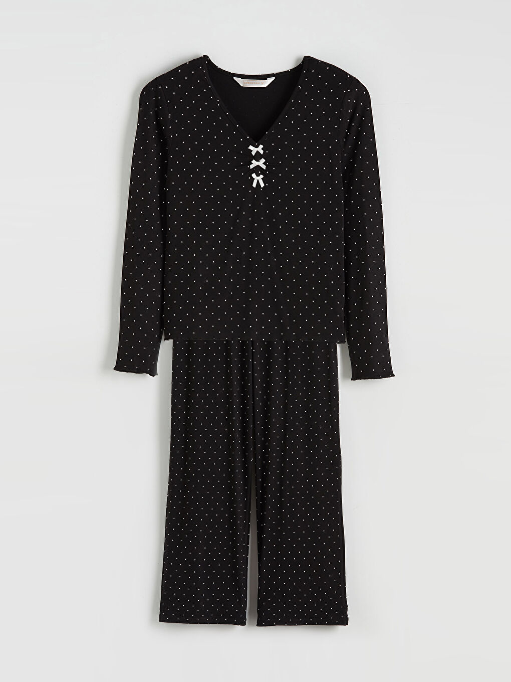 Siyah V Yaka Puantiyeli Kadın Pijama Takımı-4