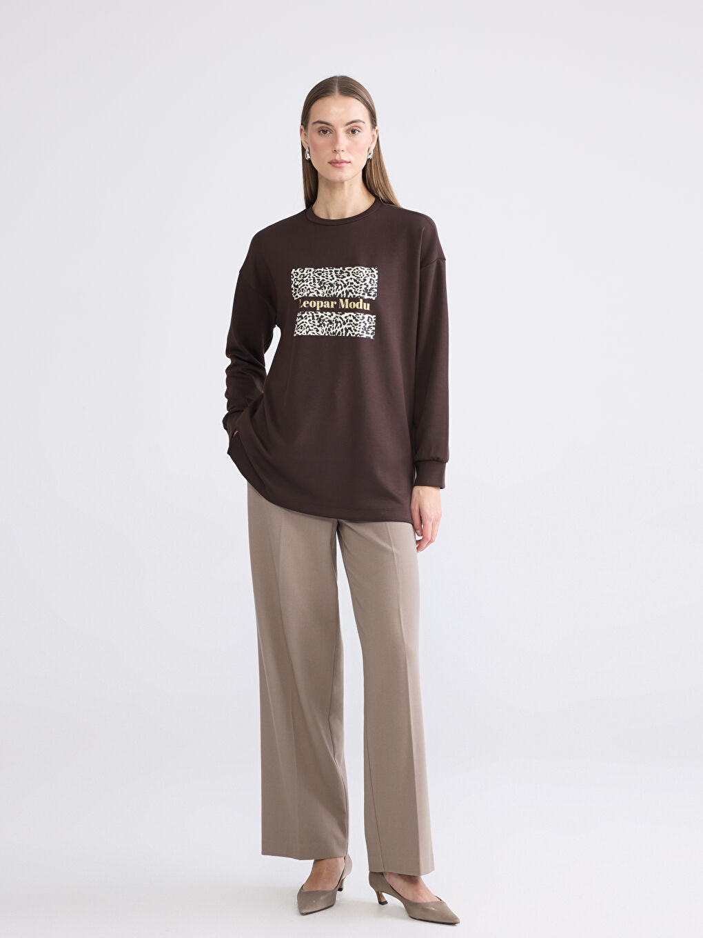 Kahverengi Baskılı Oversize Kadın Sweatshirt Tunik-1