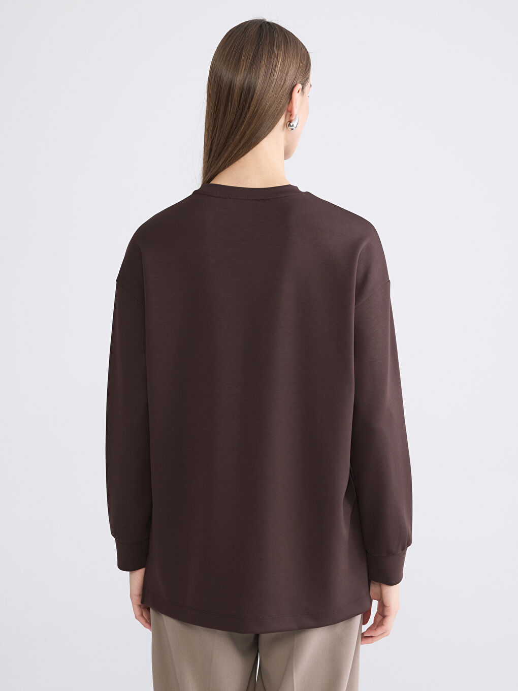 Kahverengi Baskılı Oversize Kadın Sweatshirt Tunik-3