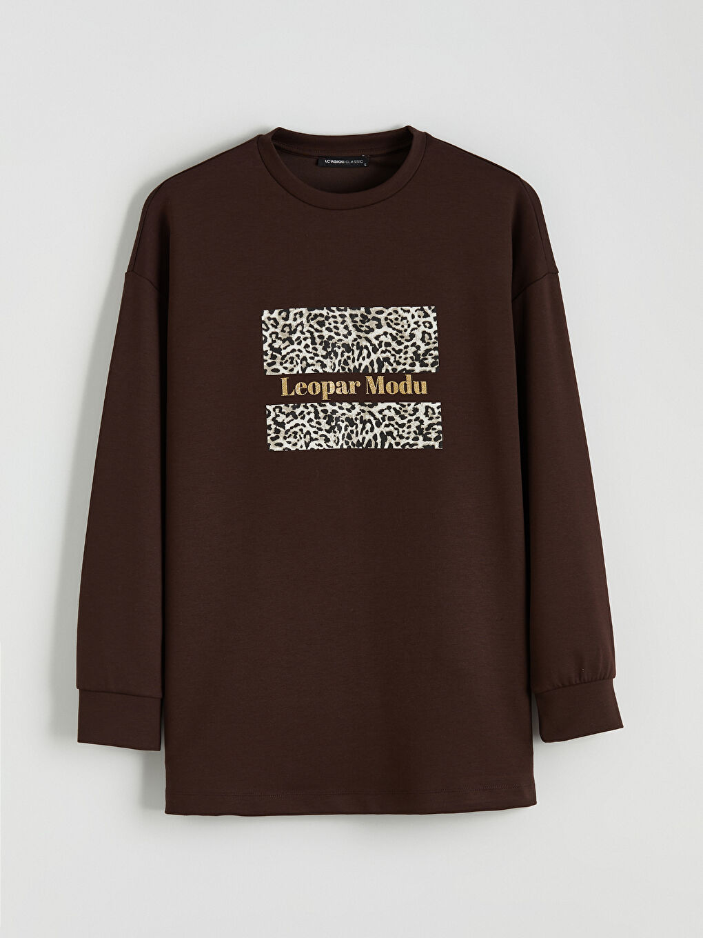 Kahverengi Baskılı Oversize Kadın Sweatshirt Tunik-4