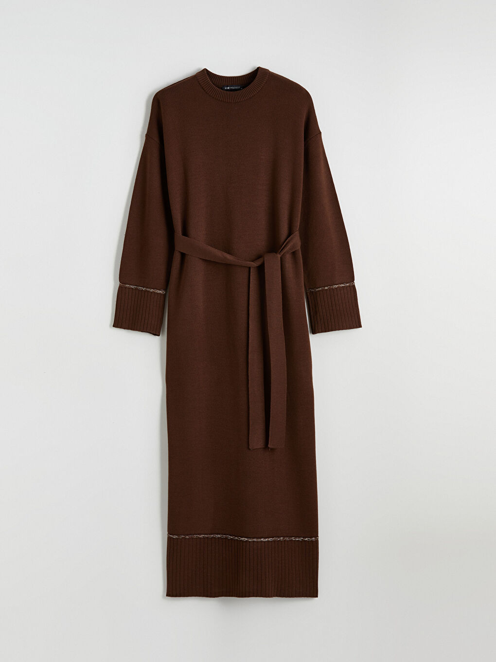 Kahverengi Bisiklet Yaka Kuşaklı Triko Elbise