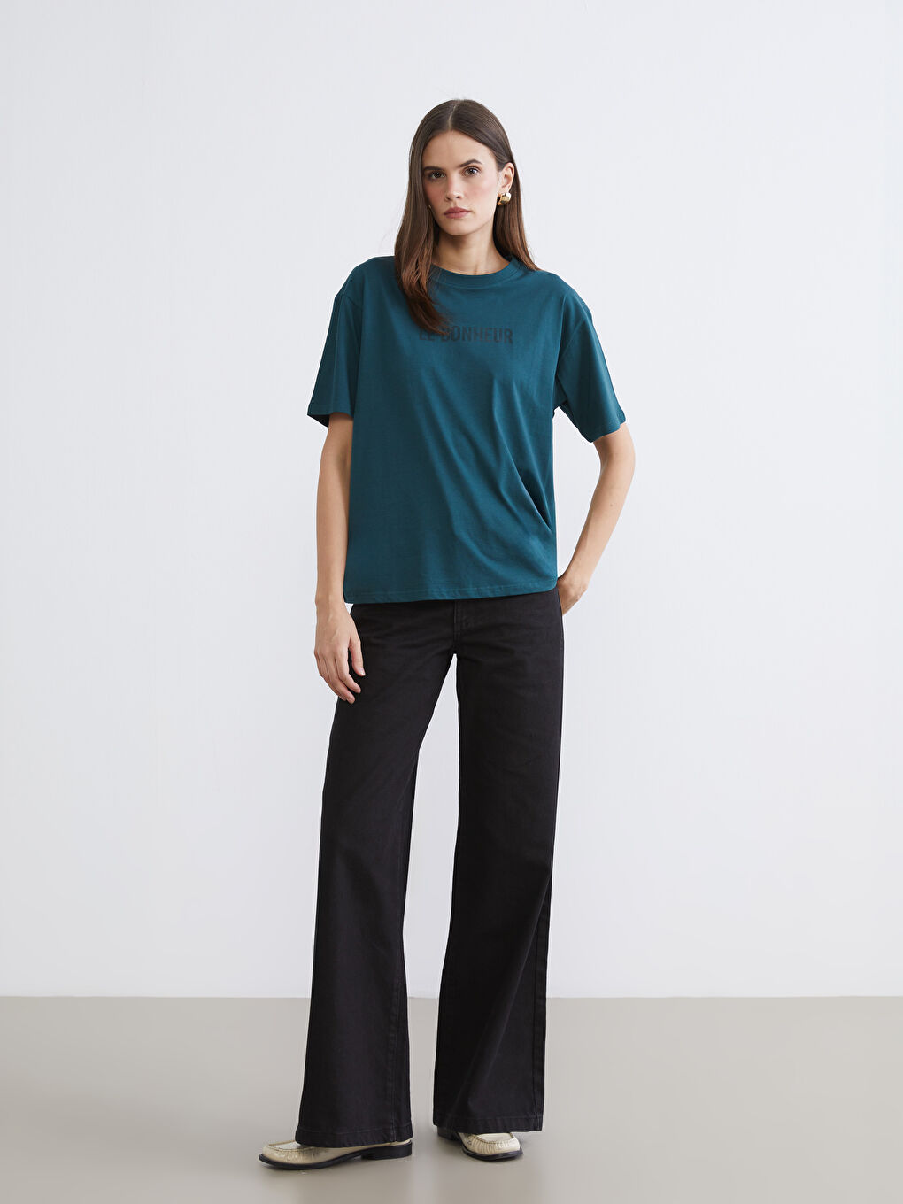 Tricou de Damă Supradimensionat cu Imprimeu și Guler Rotund-1