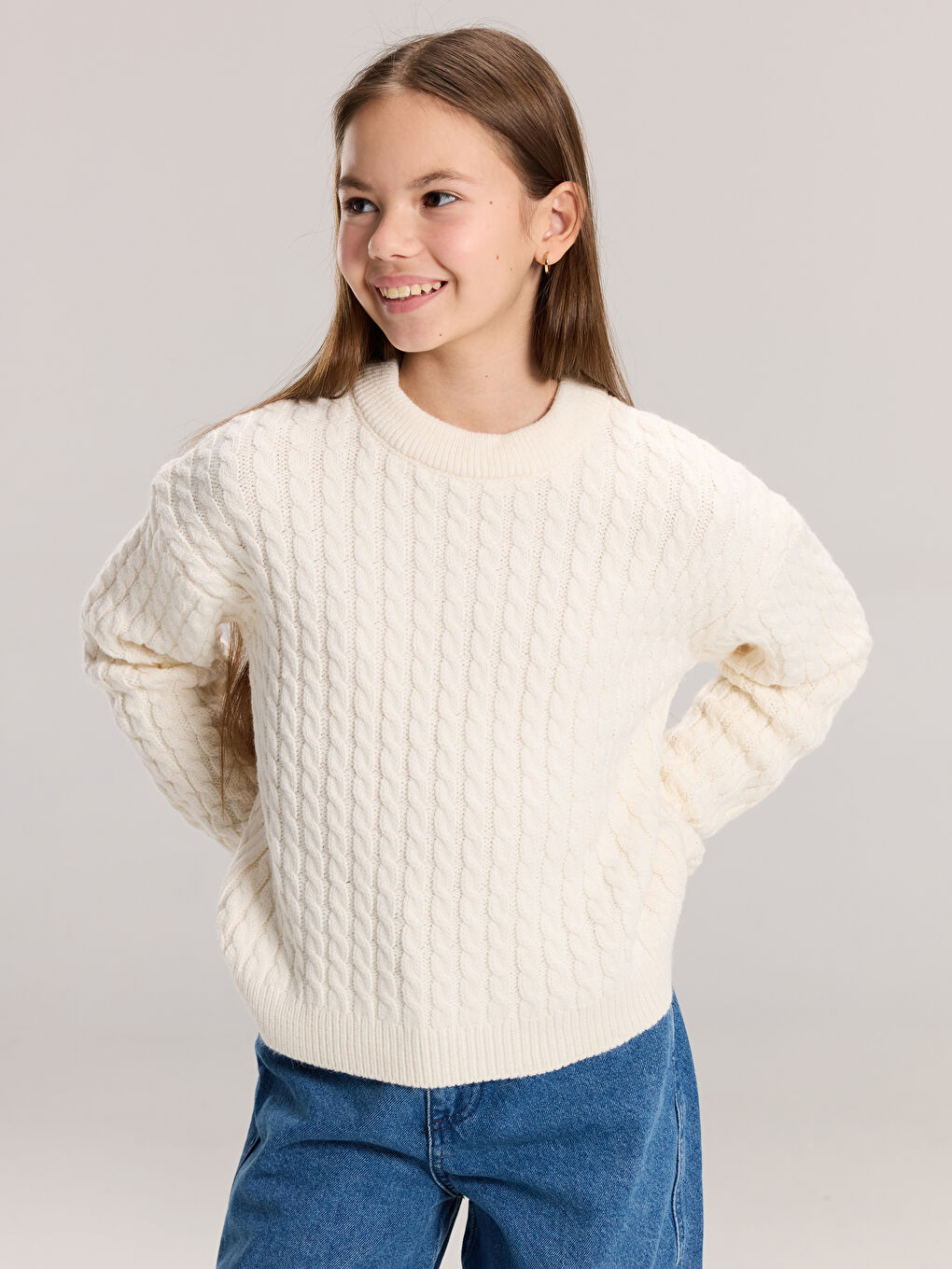 Crew Neck Cable Knit Patterned Girls' Knitwear Sweater