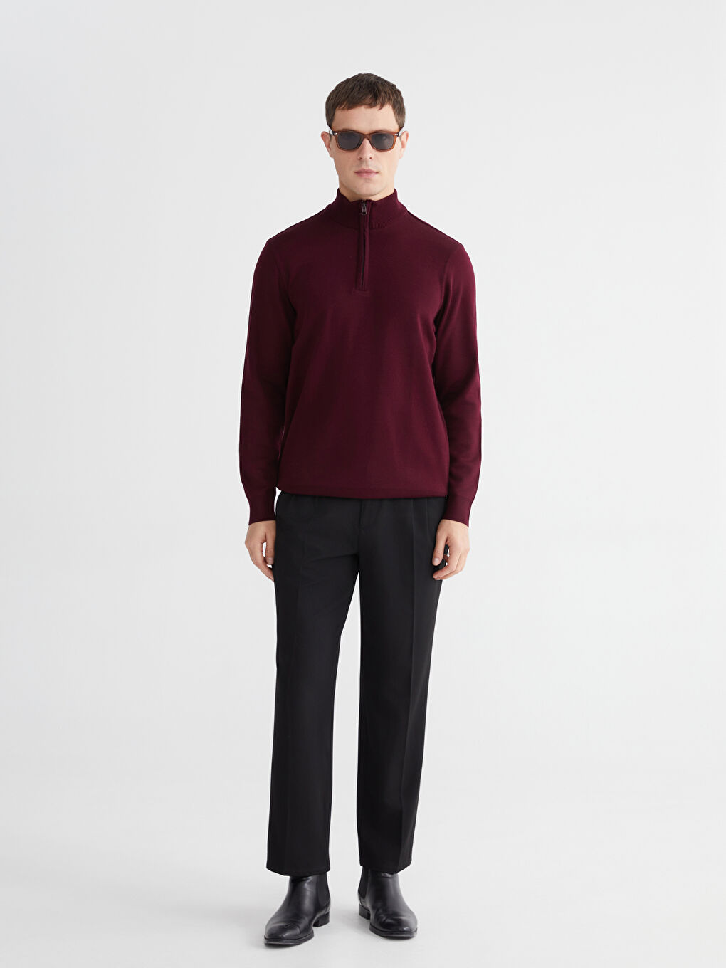 Bordo Fermuarlı Dik Yaka Erkek Triko Kazak-1