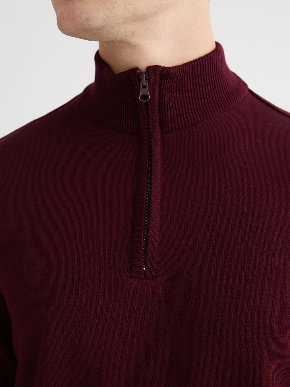 Bordo Fermuarlı Dik Yaka Erkek Triko Kazak-2