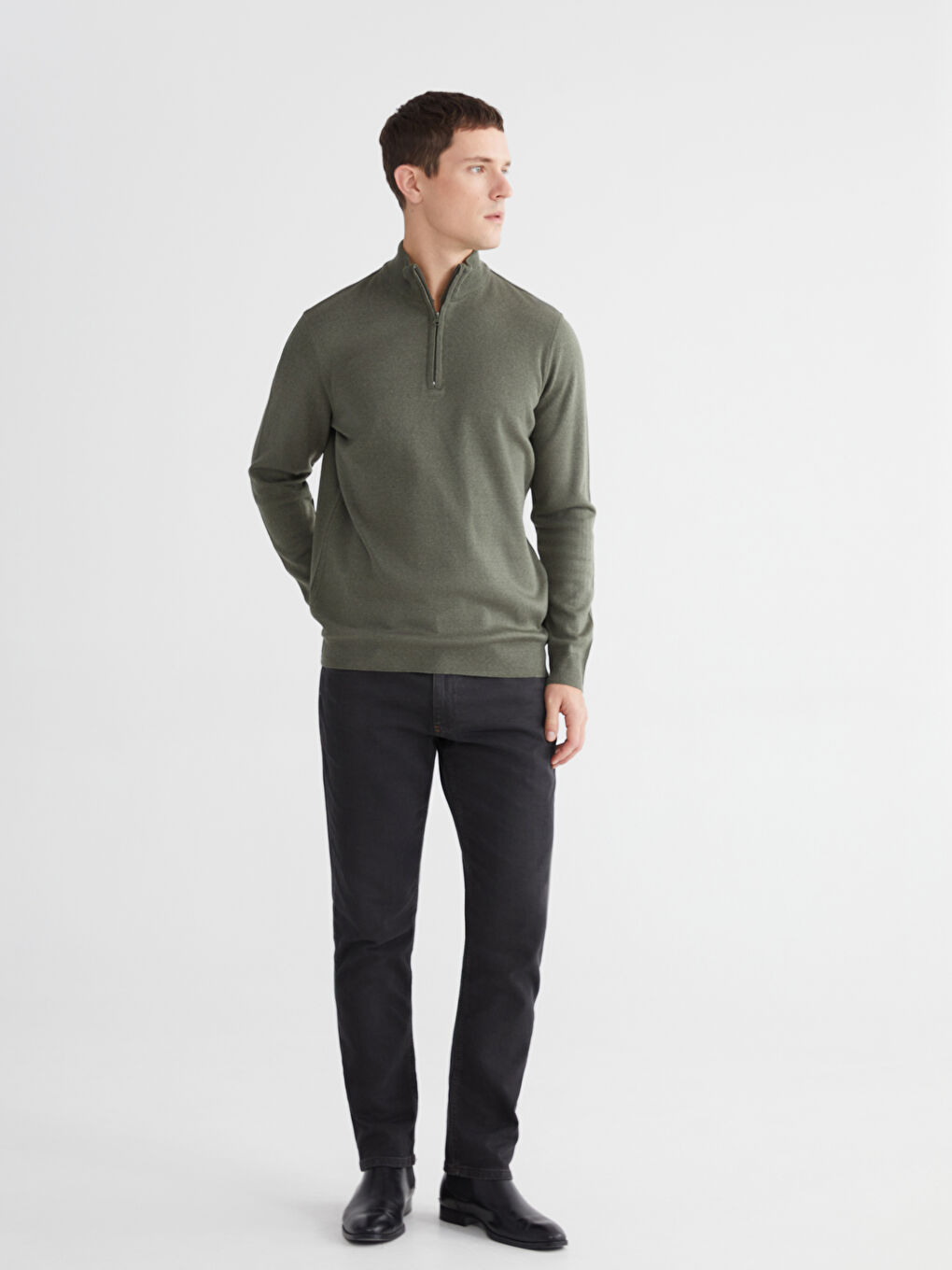 Yeşil Fermuarlı Dik Yaka Erkek Triko Kazak-1