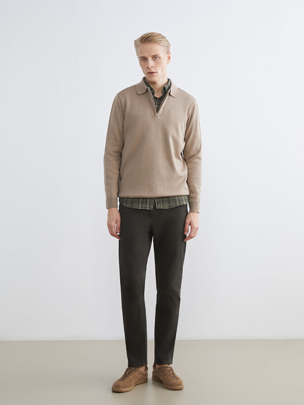 Bej Polo Yaka Erkek Sweatshirt-1