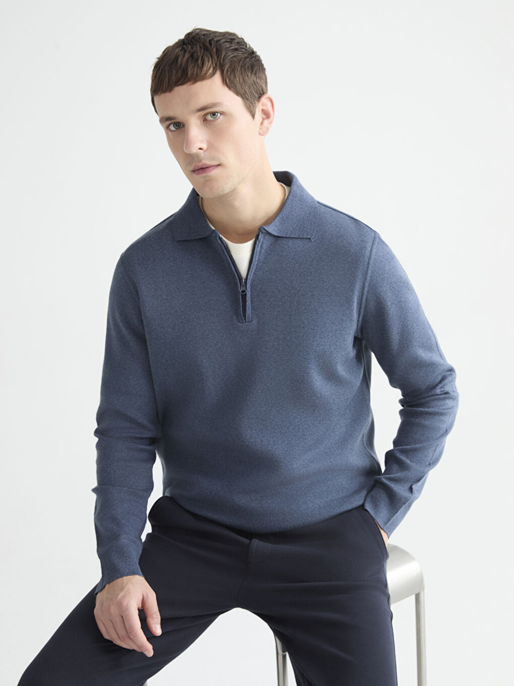 İndigo Polo Yaka Erkek Sweatshirt