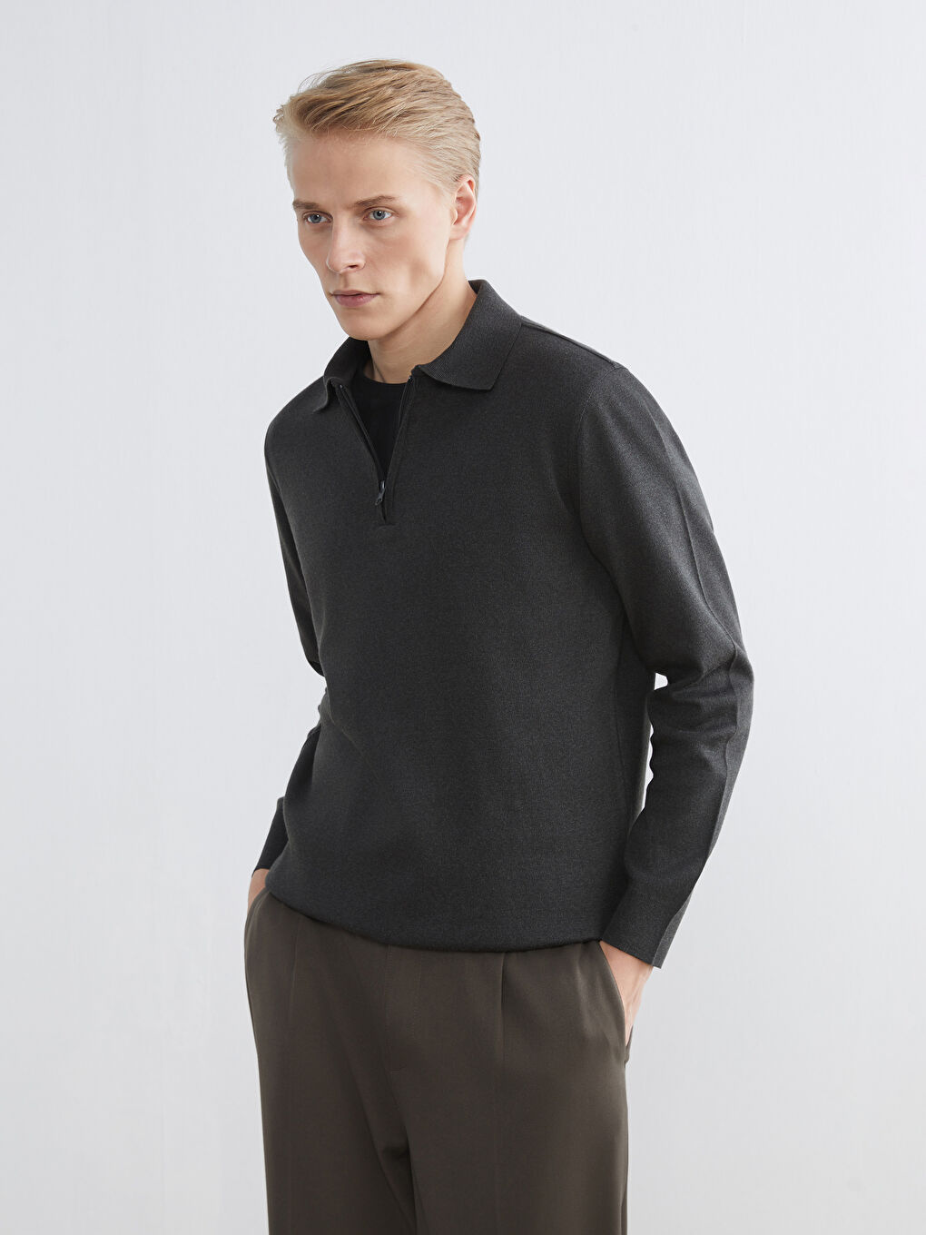 Antrasit Polo Yaka Erkek Sweatshirt