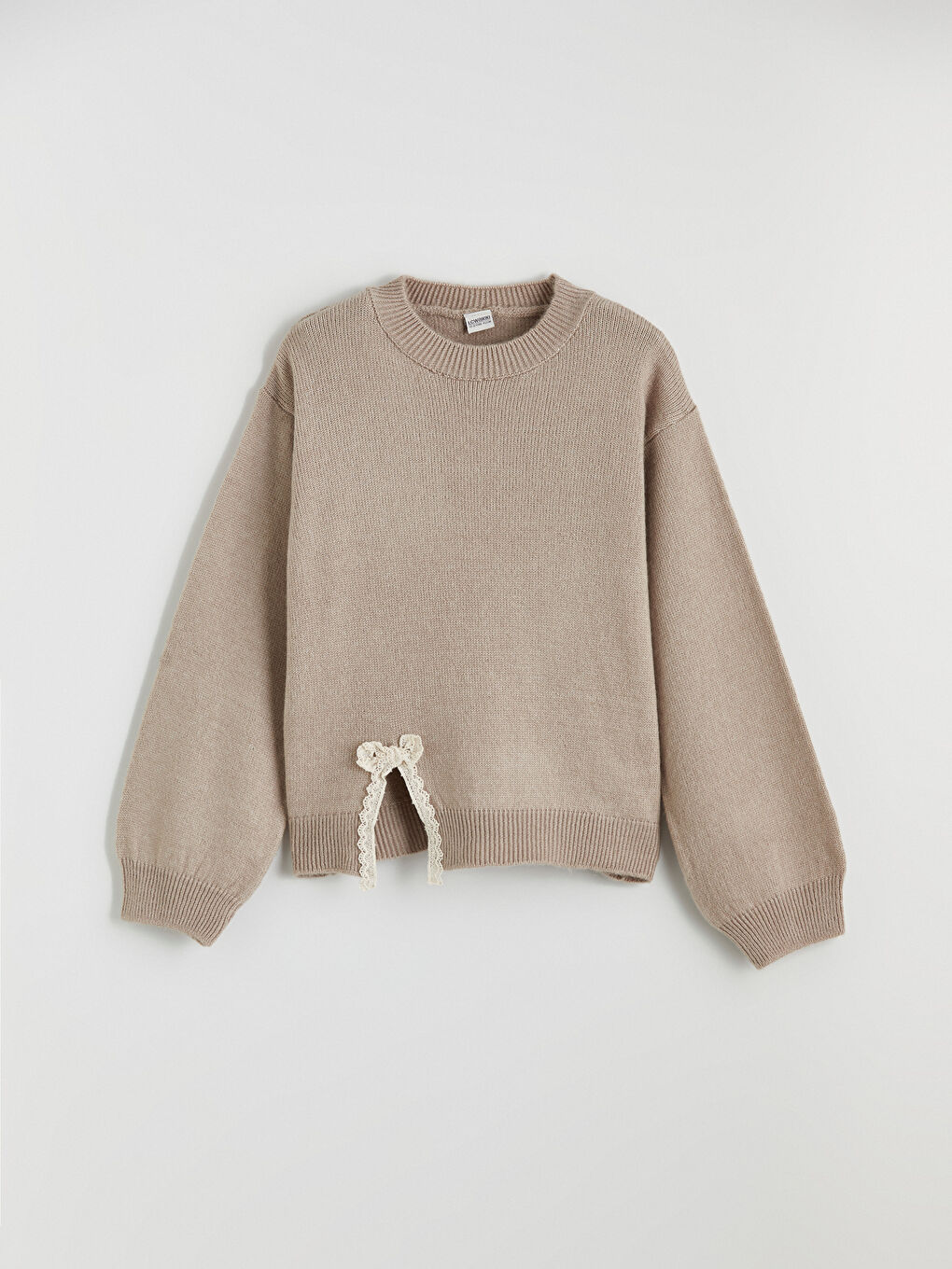 Bej Dantel Detaylı Kız Çocuk Triko Kazak