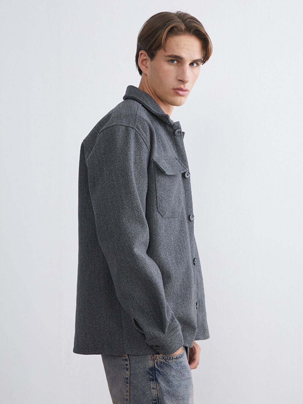 Antrasit Regular Fit Uzun Kollu Kaşe Erkek Gömlek Ceket