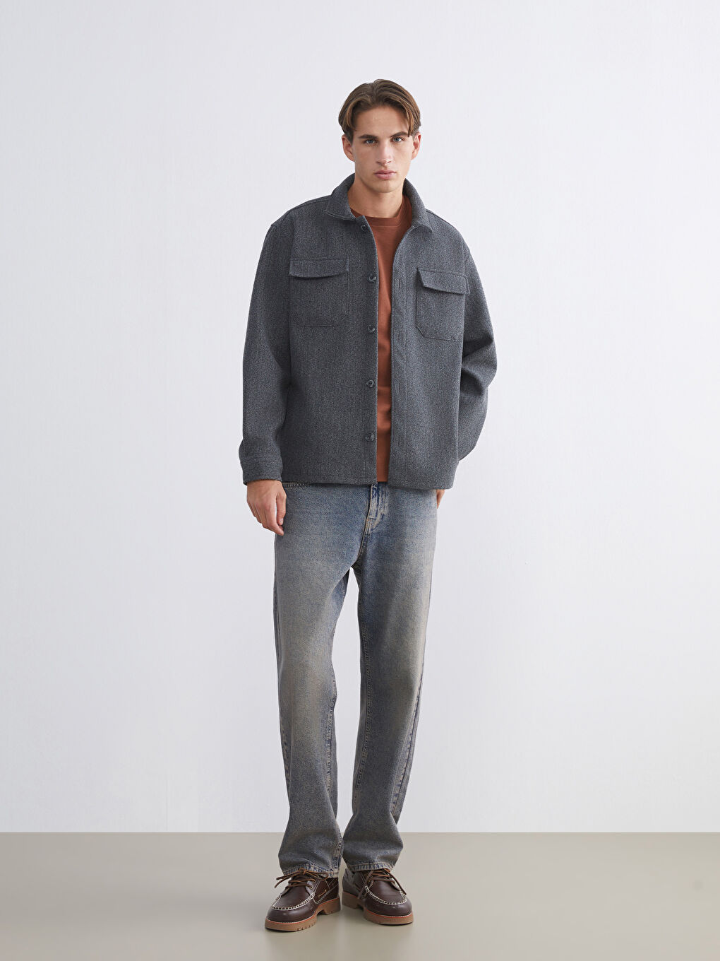 Antrasit Regular Fit Uzun Kollu Kaşe Erkek Gömlek Ceket-1