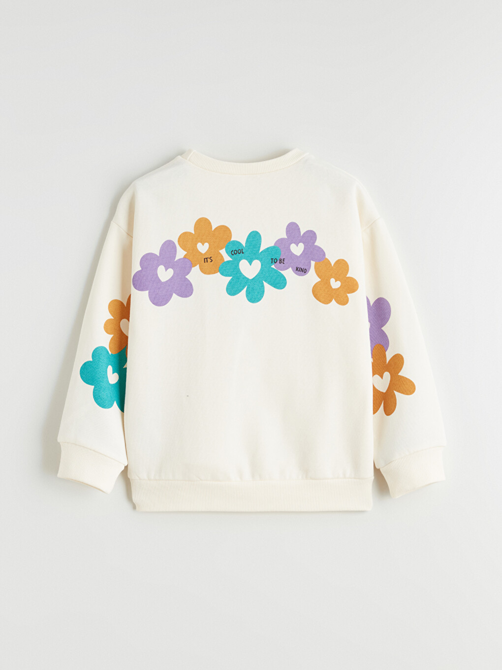 Ekru Bisiklet Yaka Çiçek Baskılı Kız Çocuk Sweatshirt-1
