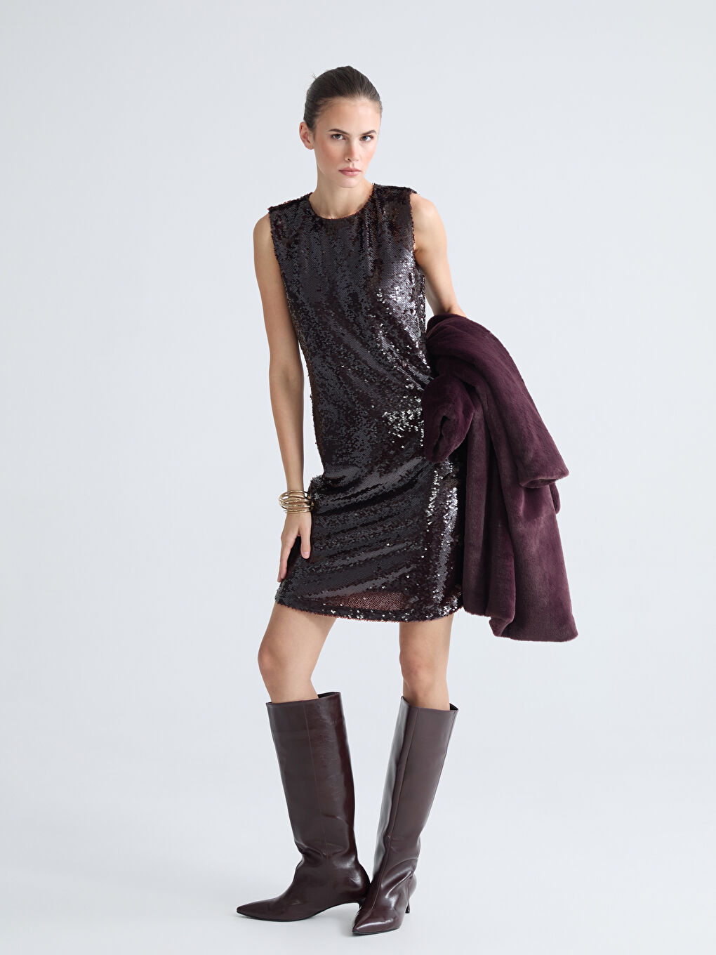 Bordo Bisiklet Yaka Pul Payetli Mini Elbise