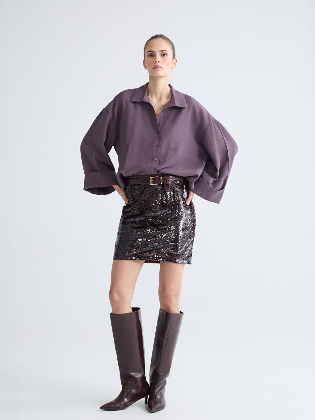 Bordo Beli Fermuarlı Pul Payetli Mini Etek