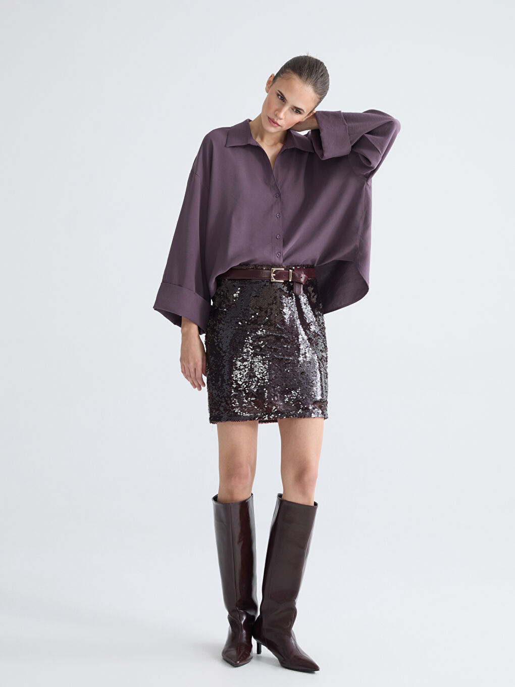 Bordo Beli Fermuarlı Pul Payetli Mini Etek-1