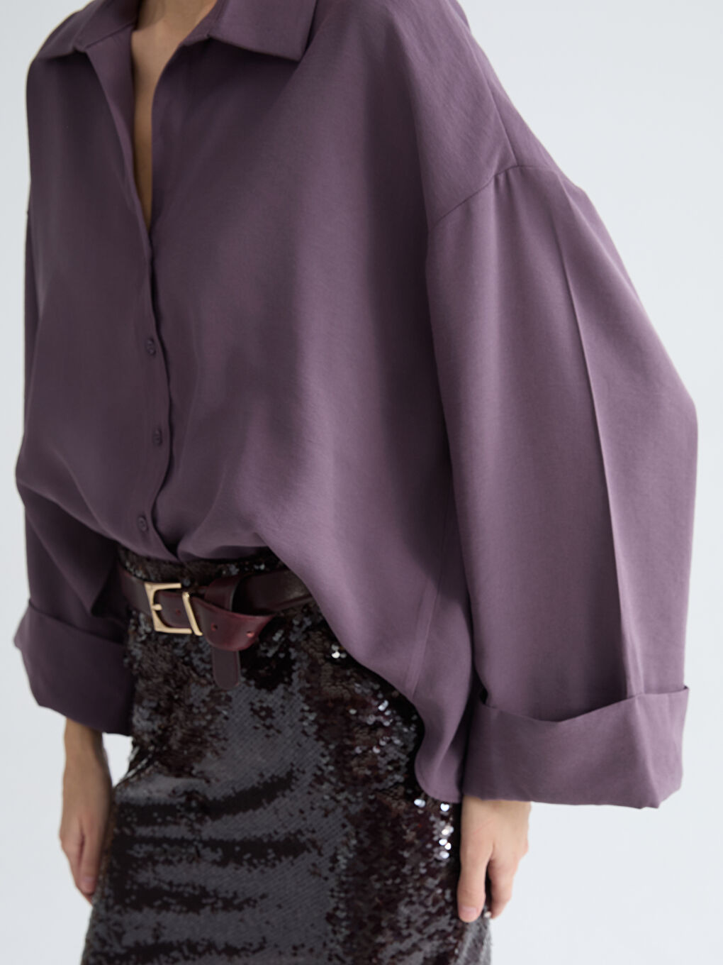 Bordo Beli Fermuarlı Pul Payetli Mini Etek-2