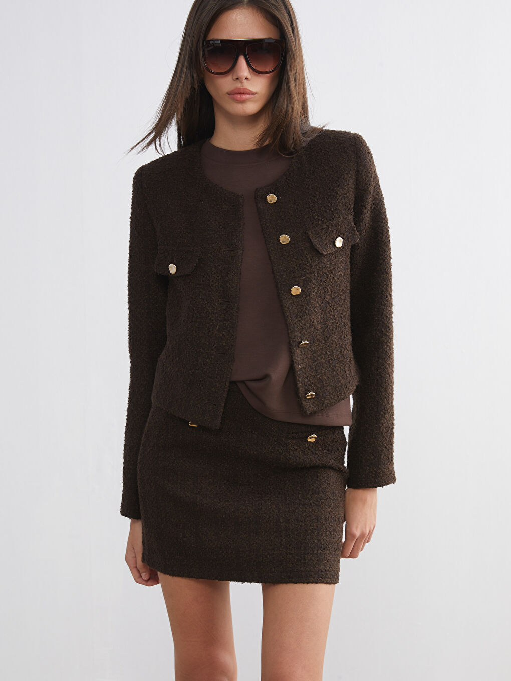 Kahverengi Bisiklet Yaka Dokulu Kadın Tüvit Ceket