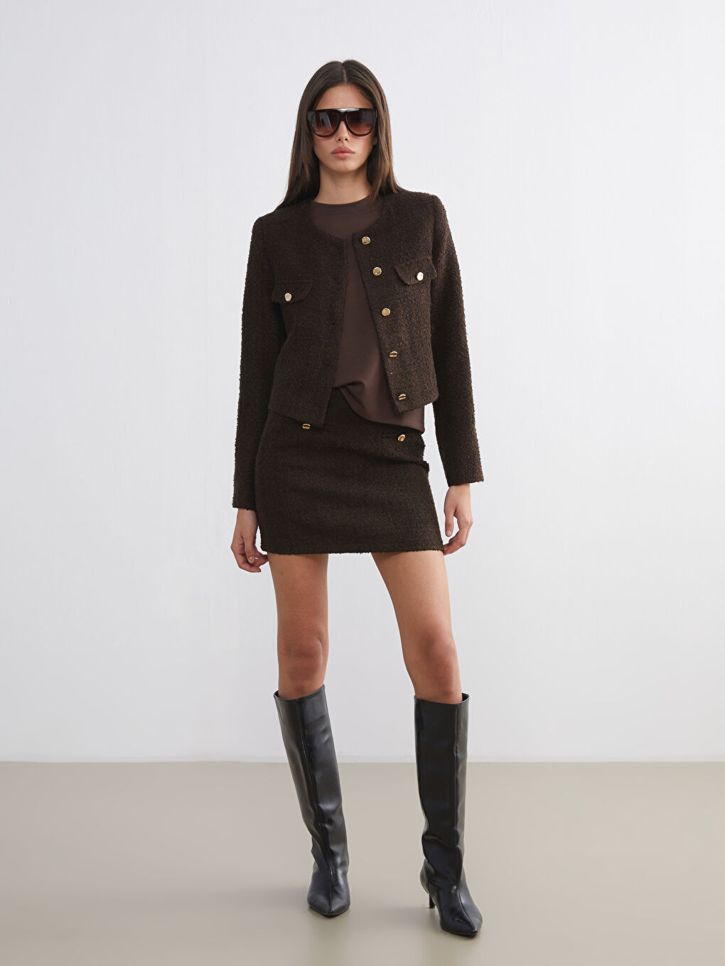 Kahverengi Bisiklet Yaka Dokulu Kadın Tüvit Ceket-3