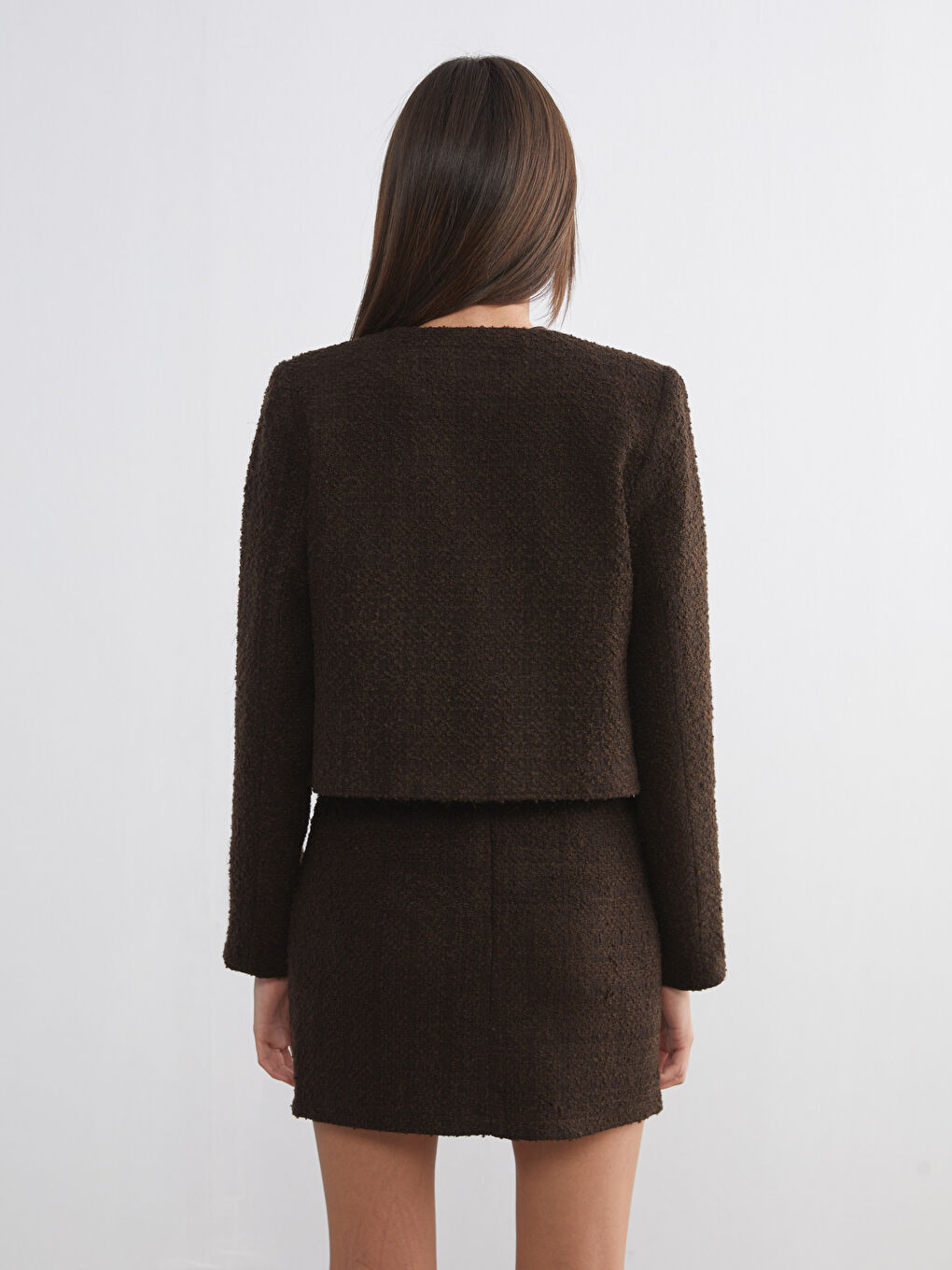 Kahverengi Bisiklet Yaka Dokulu Kadın Tüvit Ceket-7