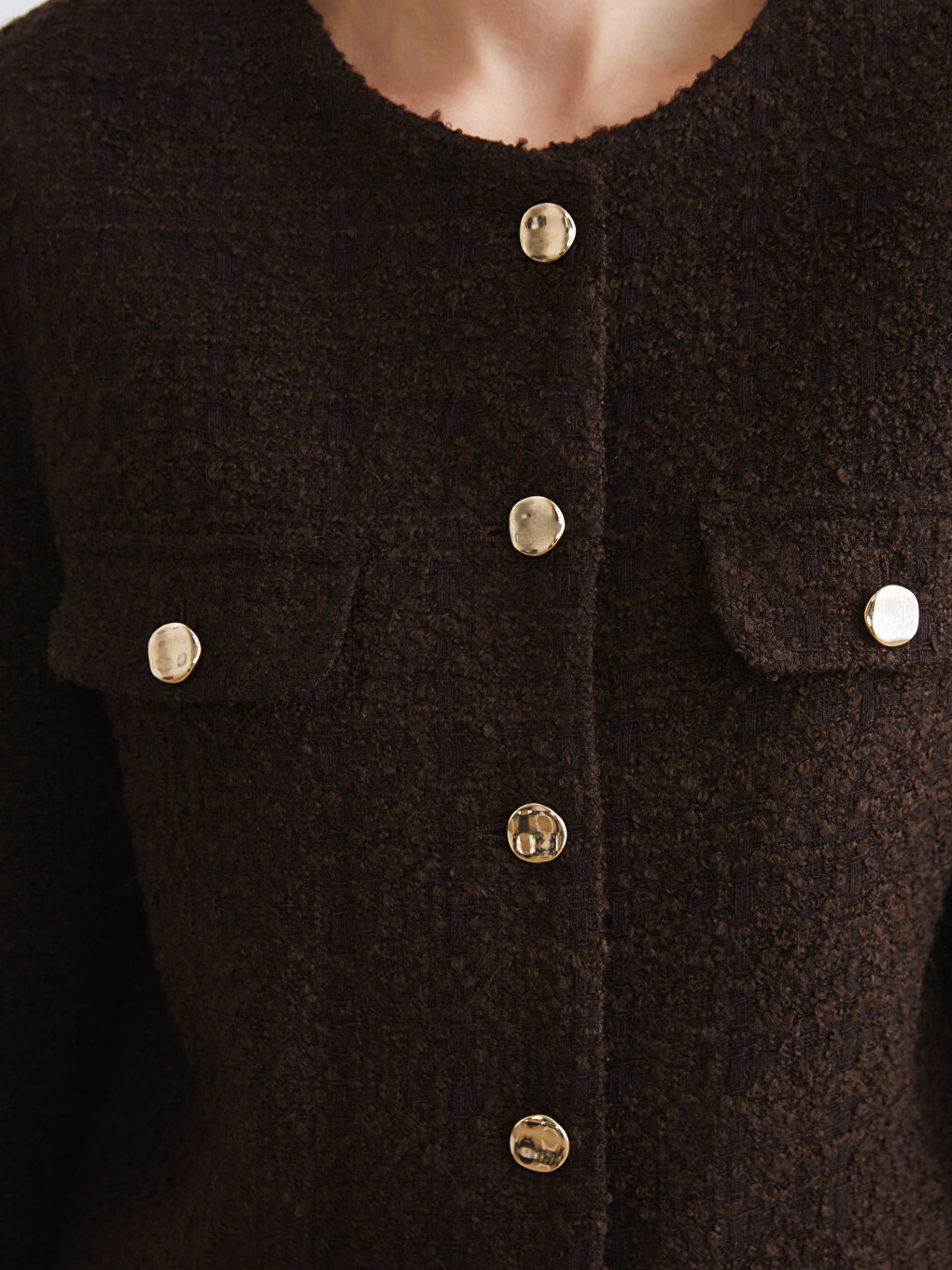 Kahverengi Bisiklet Yaka Dokulu Kadın Tüvit Ceket-5