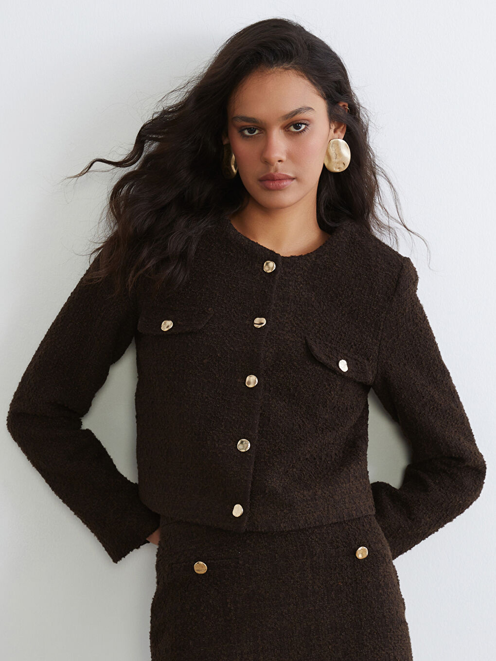 Kahverengi Bisiklet Yaka Dokulu Kadın Tüvit Ceket-1