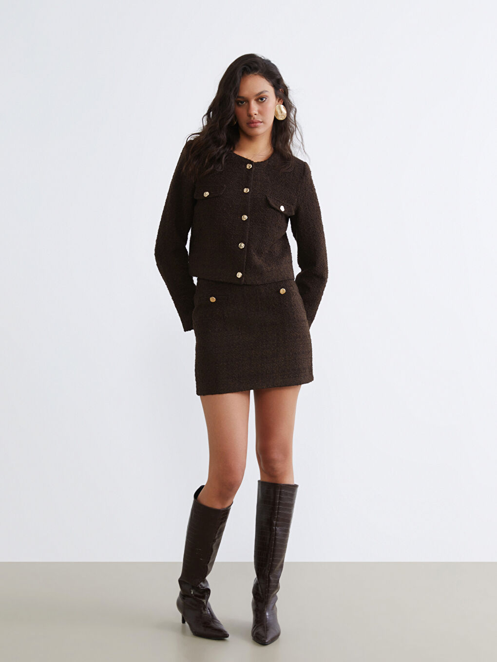 Kahverengi Bisiklet Yaka Dokulu Kadın Tüvit Ceket-2