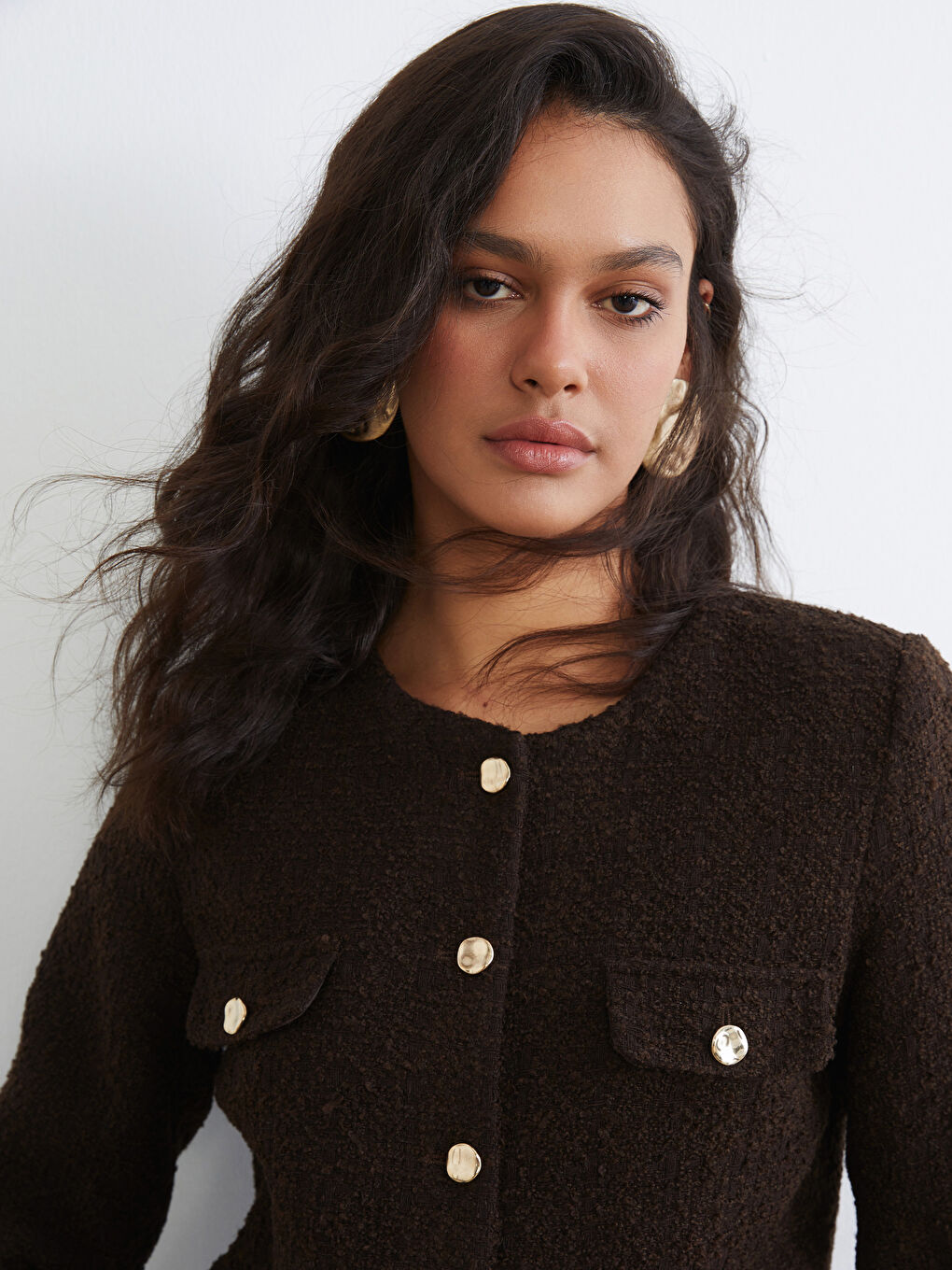 Kahverengi Bisiklet Yaka Dokulu Kadın Tüvit Ceket-4