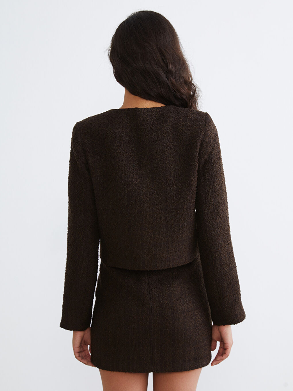 Kahverengi Bisiklet Yaka Dokulu Kadın Tüvit Ceket-6