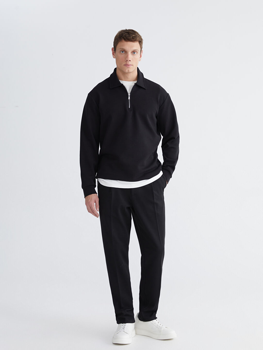 Siyah Polo Yaka Erkek Sweatshirt-1