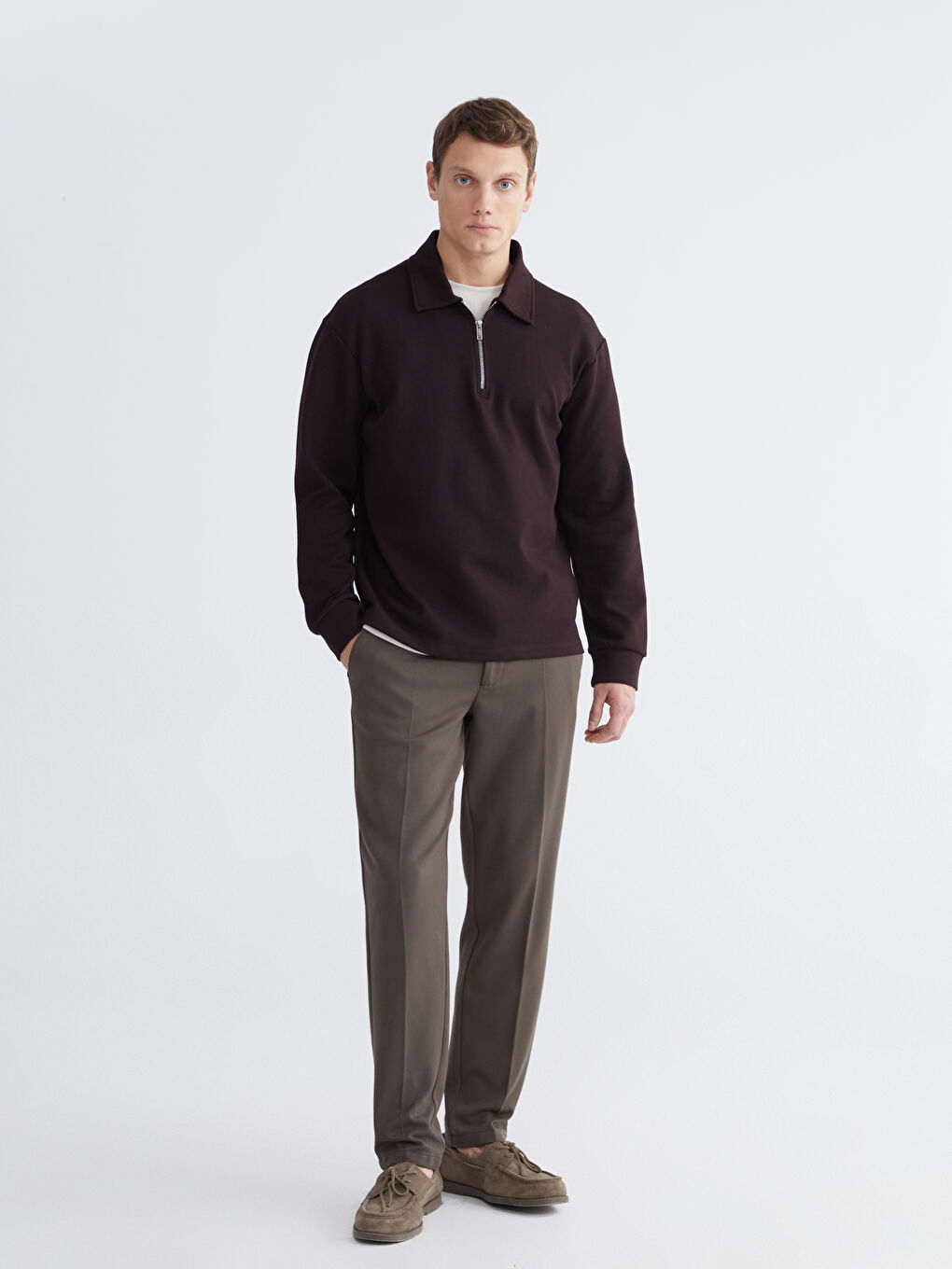 Kahverengi Polo Yaka Erkek Sweatshirt-1