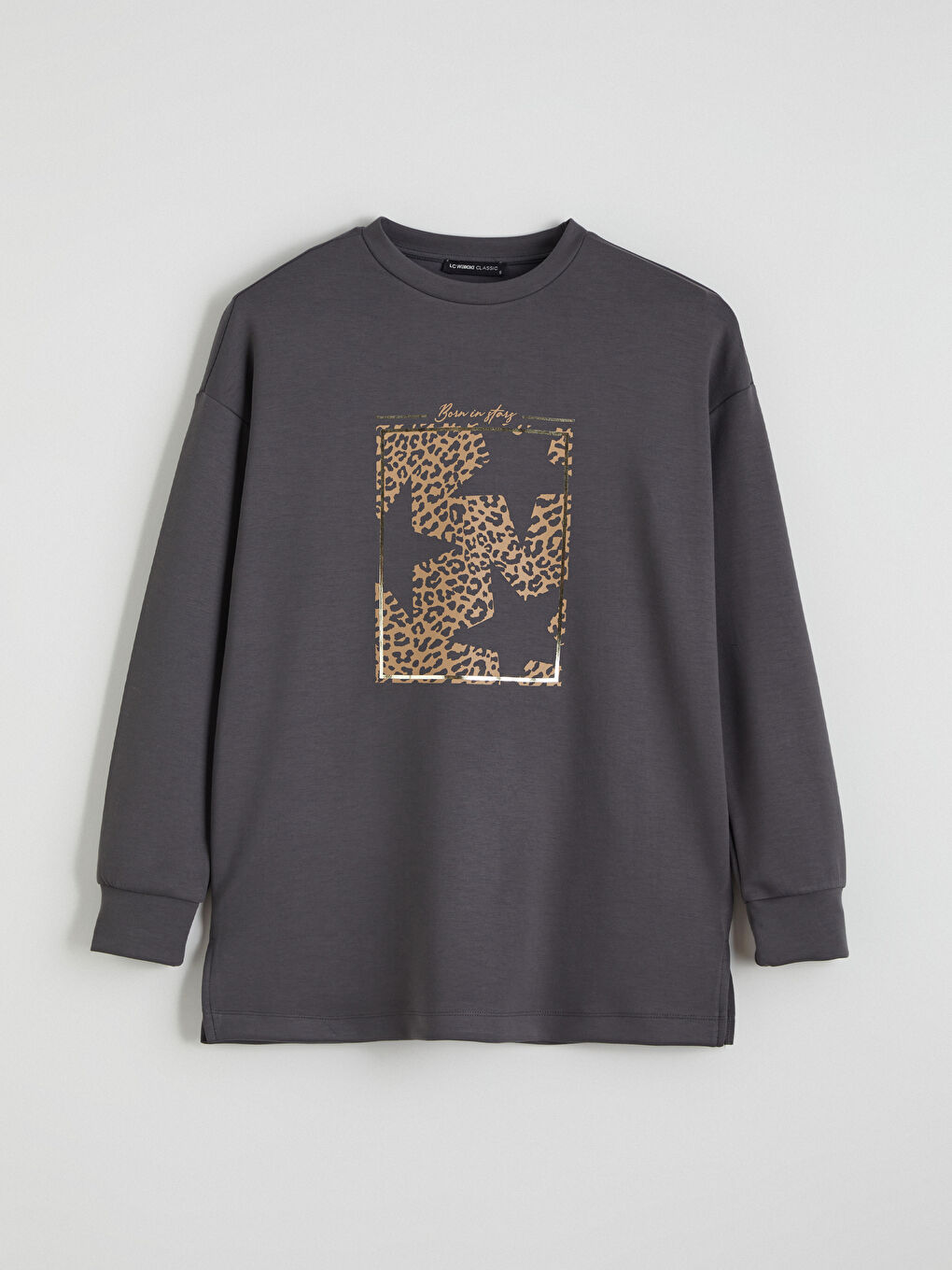 Gri Baskılı Oversize Kadın Sweatshirt Tunik-4