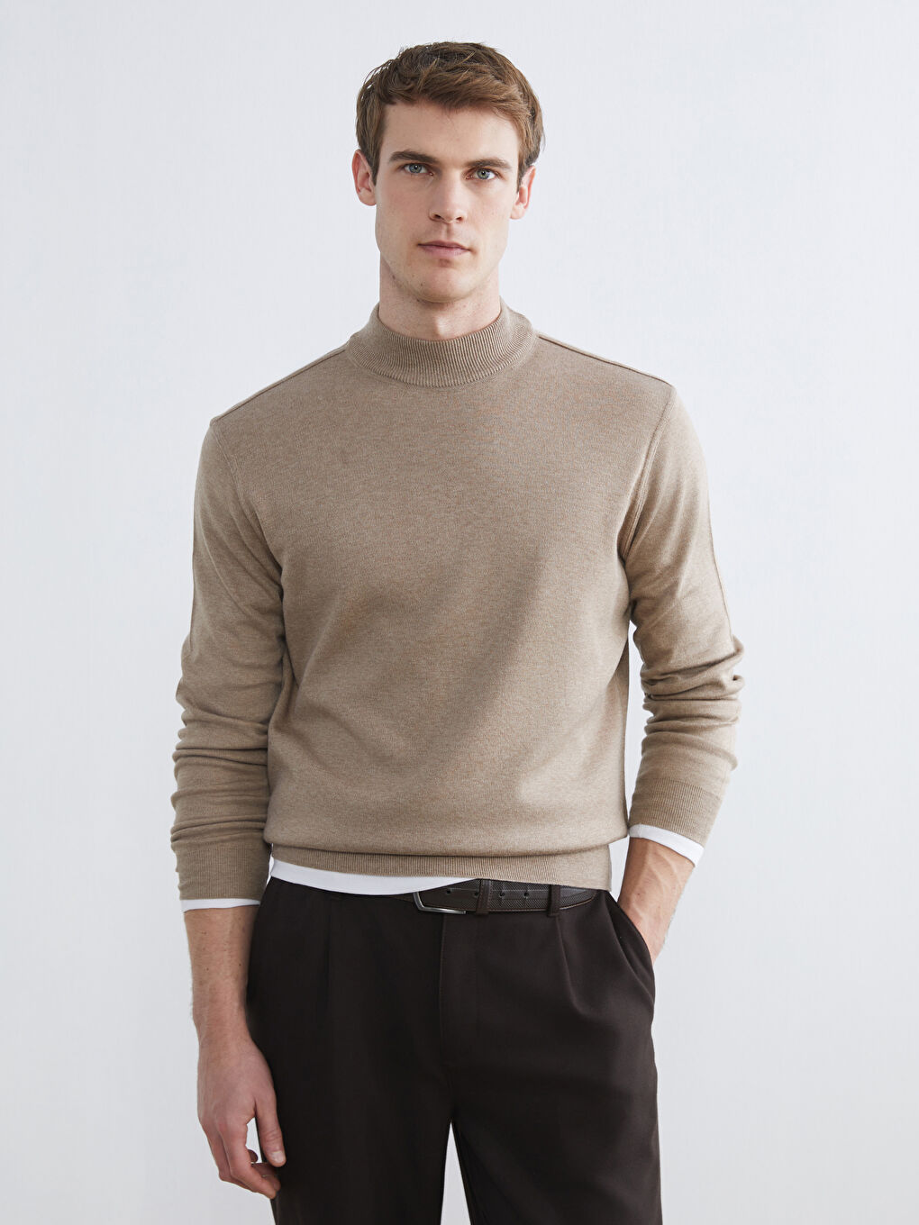 Bej Yarım Balıkçı Yaka Erkek Triko Kazak