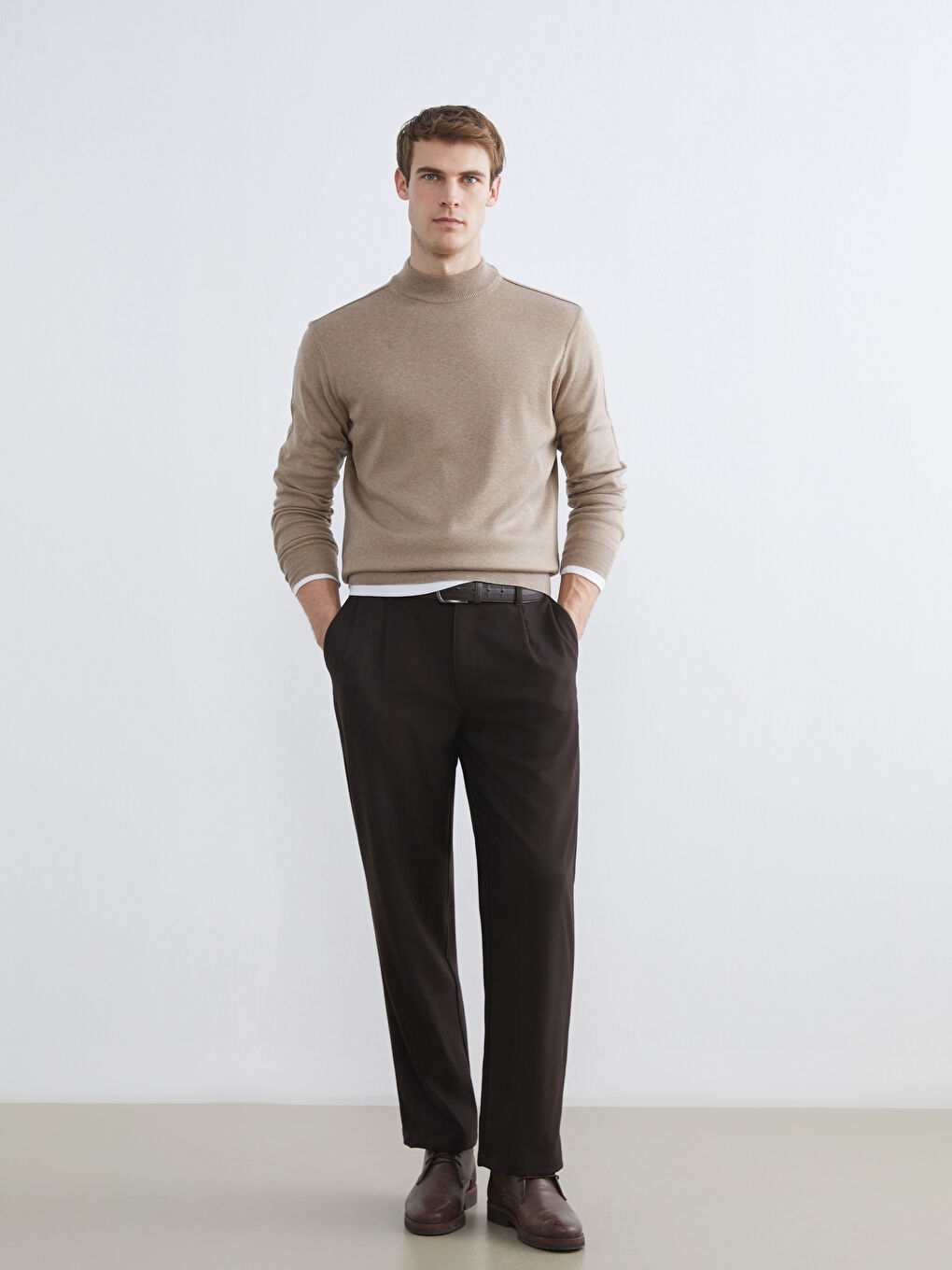 Bej Yarım Balıkçı Yaka Erkek Triko Kazak-1