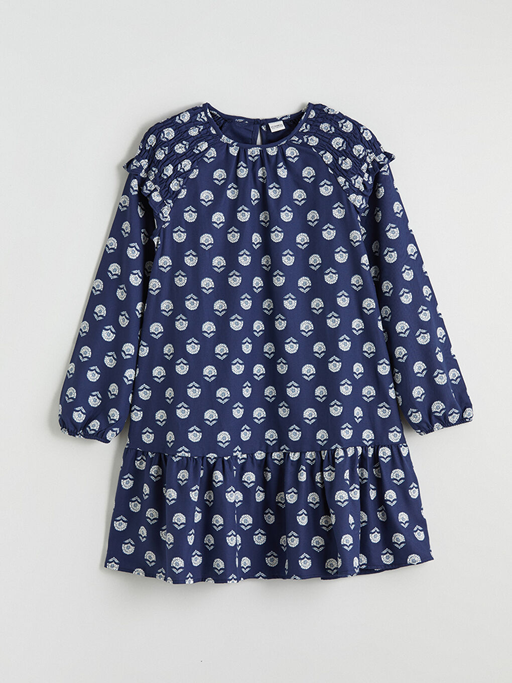 Mavi Bisiklet Yaka Desenli Kız Çocuk Elbise