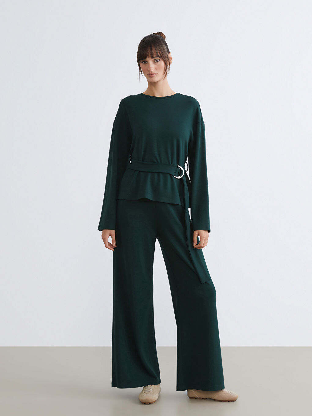 Petrol Beli Lastikli Geniş Paça Kadın Eşofman Altı