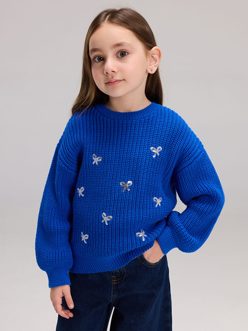 Crew Neck Sequin Embroidered Girls' Knitwear Sweater