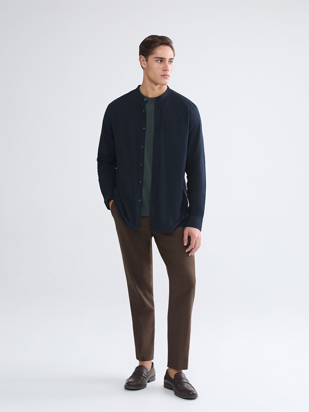 Lacivert Regular Fit Hakim Yaka Uzun Kollu Erkek Gömlek-1