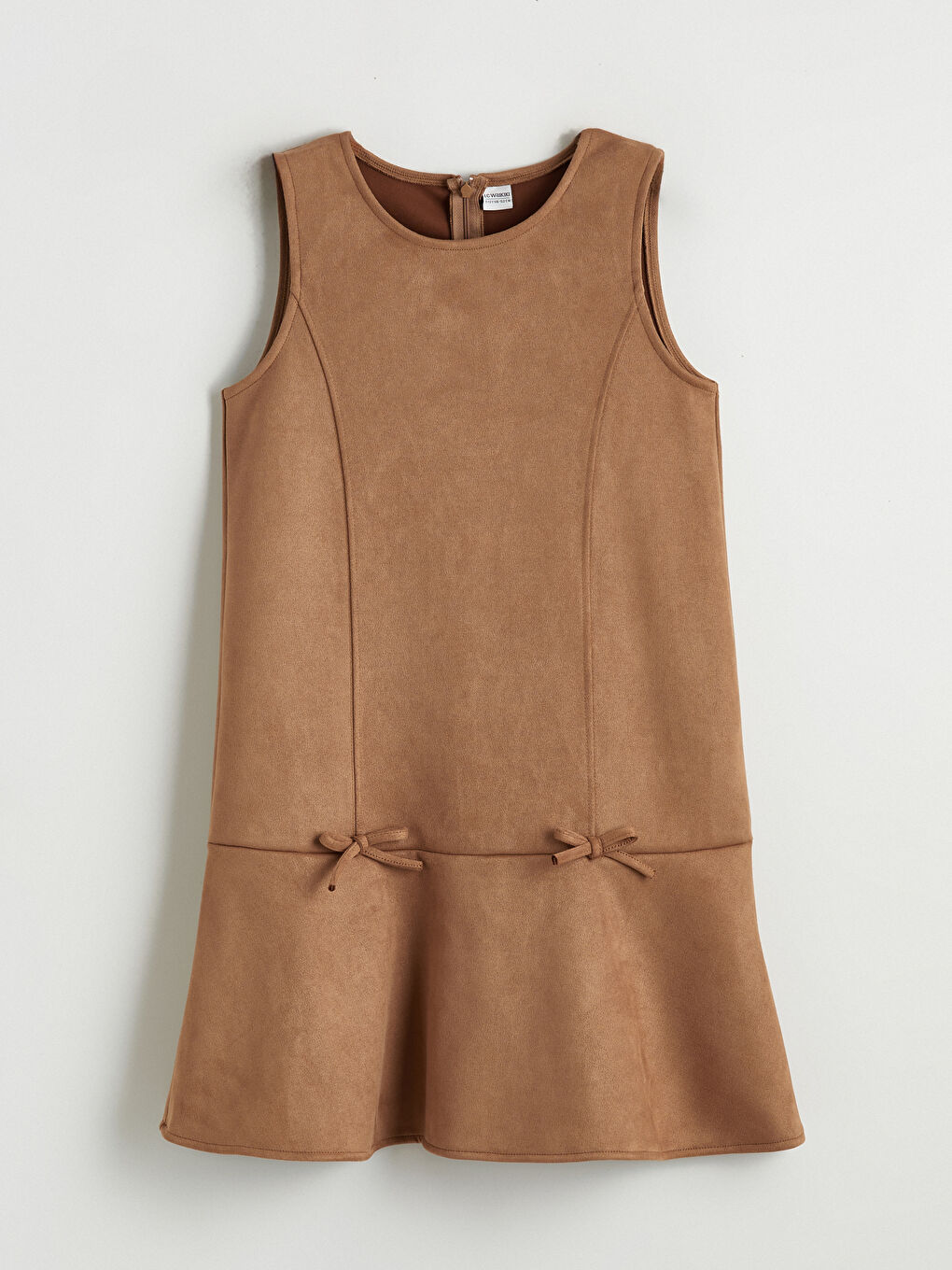 Kahverengi Fiyonk Detaylı Süet Görünümlü Kız Çocuk Elbise