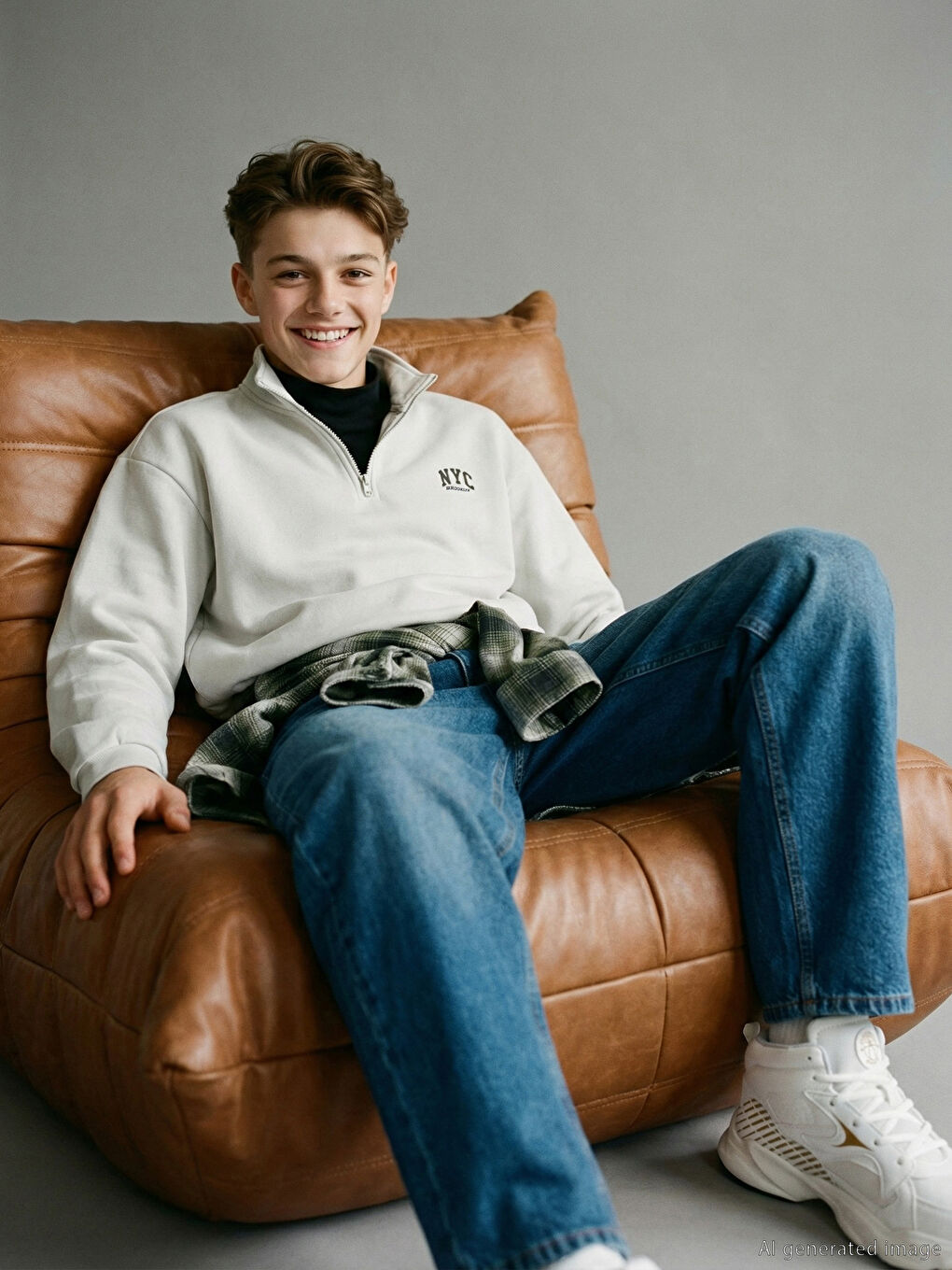 Bej Dik Yaka Erkek Çocuk Kalın Sweatshirt