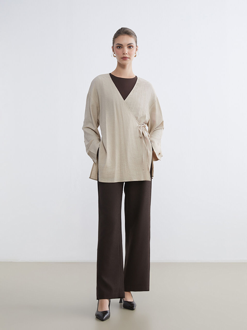 Kahverengi Beli Lastikli Geniş Paça Kadın Pantolon