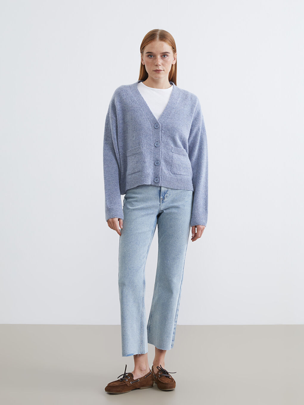 Mavi V Yaka Kadın Triko Hırka-1