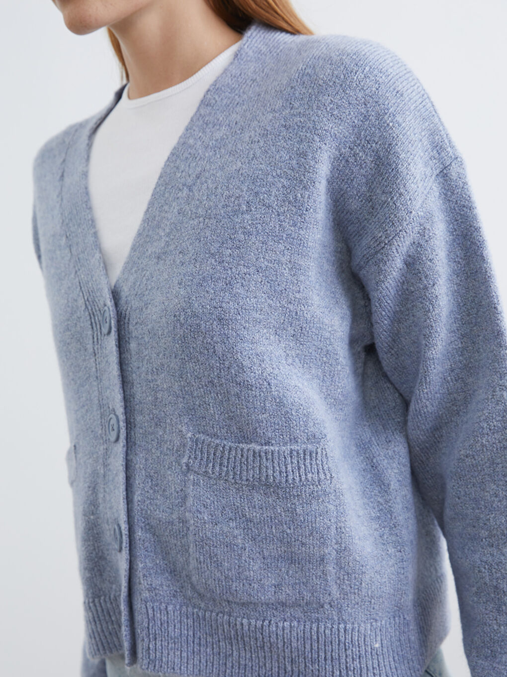 Mavi V Yaka Kadın Triko Hırka-2