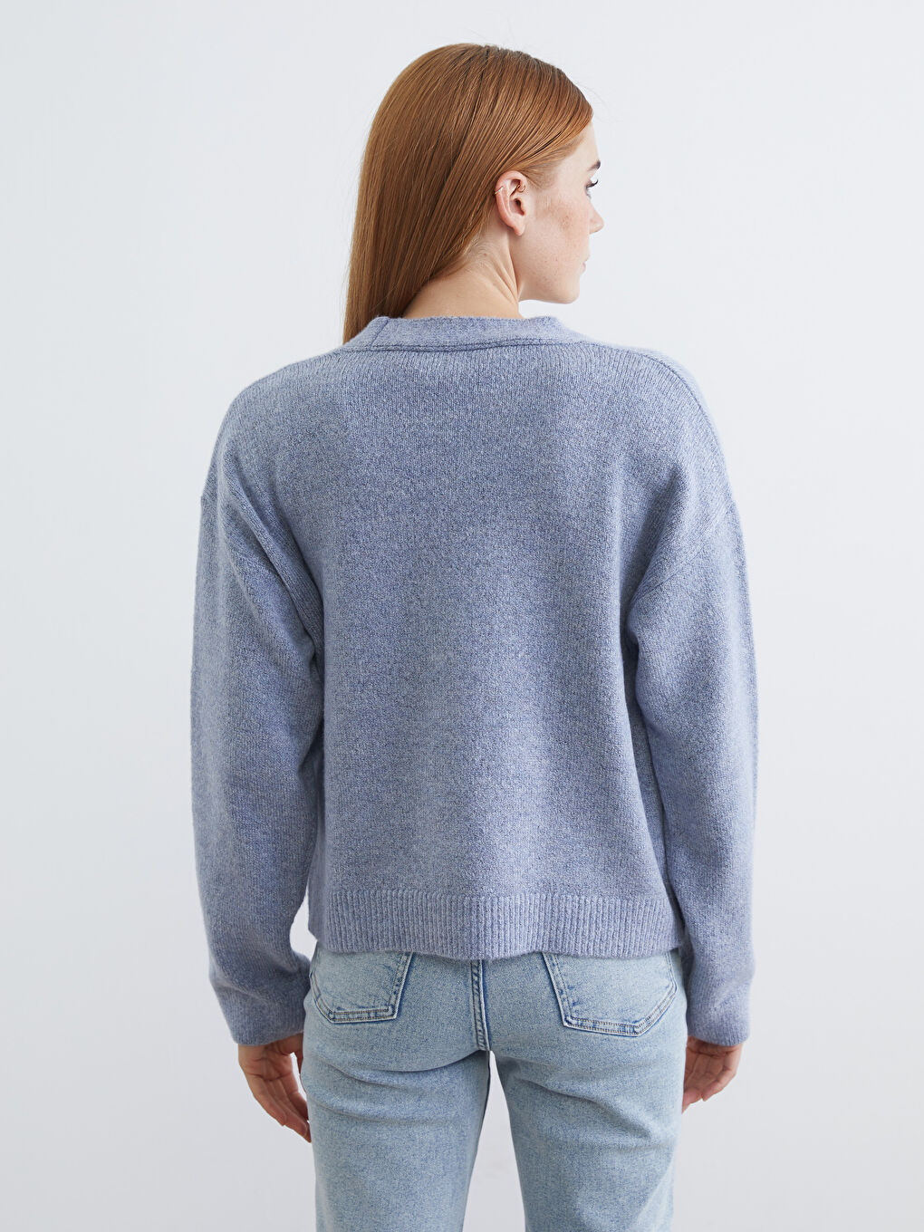 Mavi V Yaka Kadın Triko Hırka-3