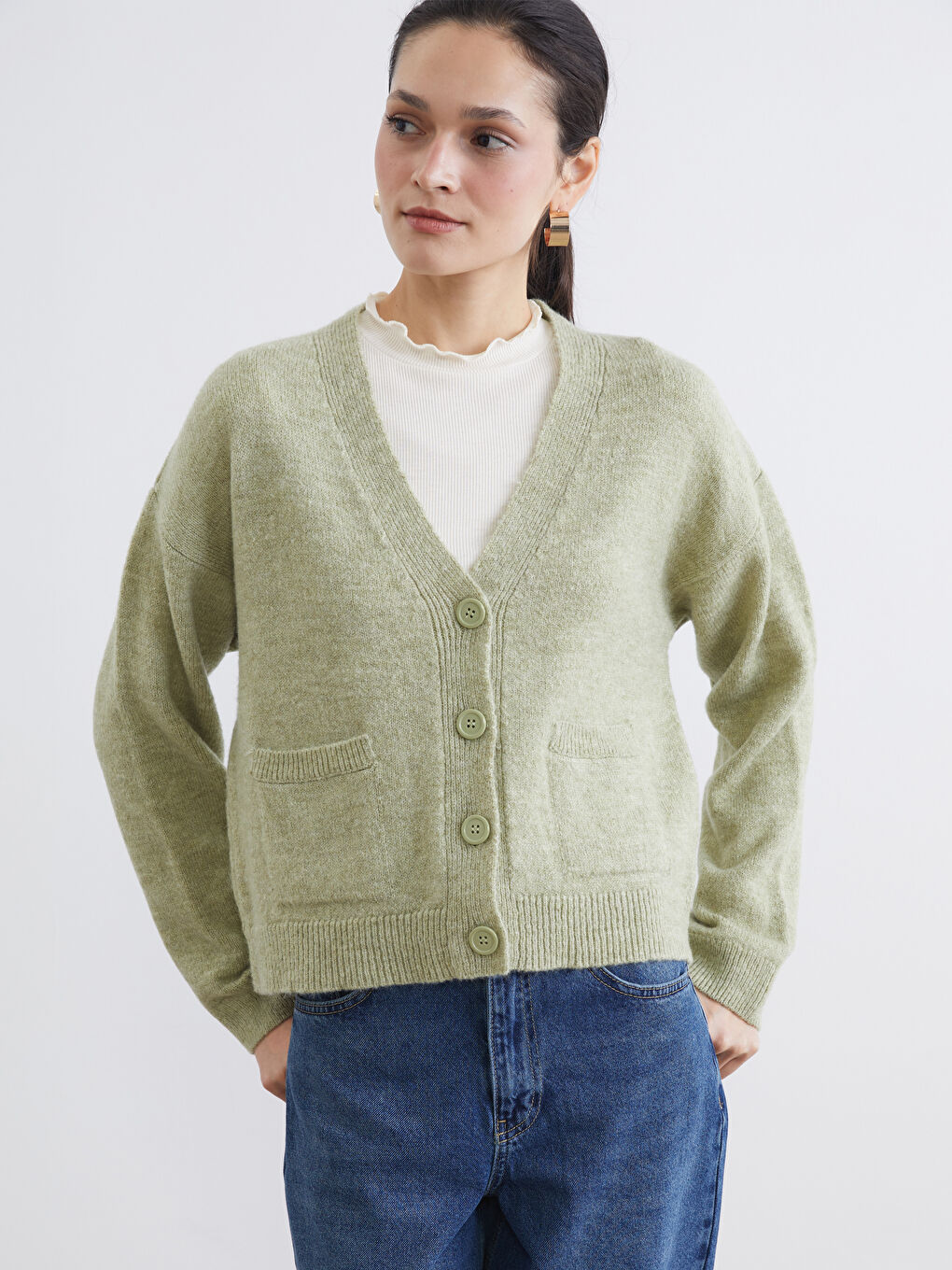 Yeşil V Yaka Kadın Triko Hırka