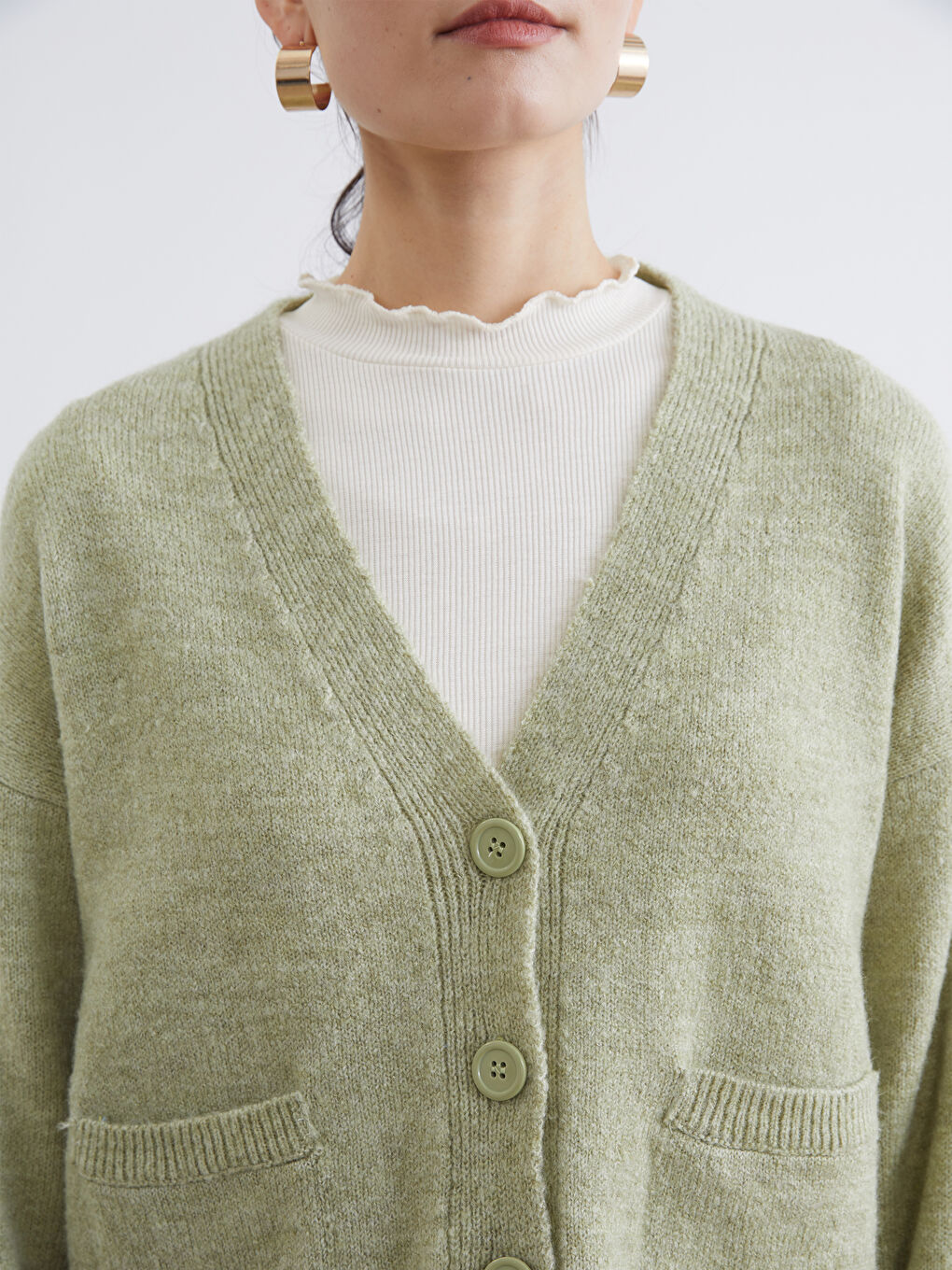 Yeşil V Yaka Kadın Triko Hırka-2