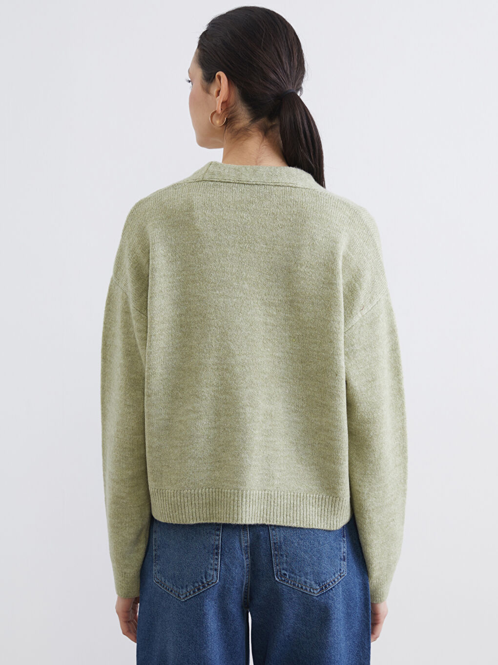 Yeşil V Yaka Kadın Triko Hırka-3